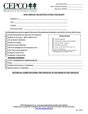 <b>HUD</b> Form 9887 and 9887A Notice and Consent for the Release of Information (02/2007) signed by the. . Hud annual recertification questionnaire